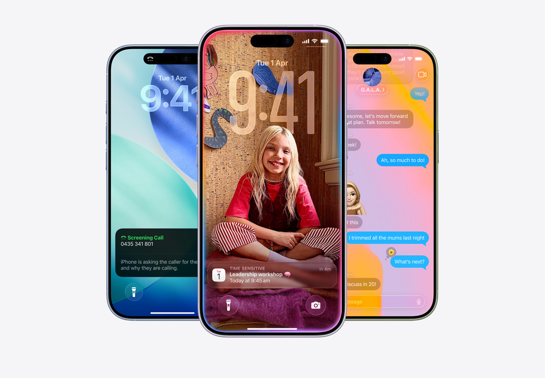iPhone screen showing call screening pop-up, iPhone screen showing Calendar pop-up on personalised background with photo of a child, iPhone screen showing Messages with Liquid Glass design
