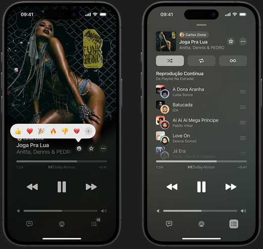 O iPhone à esquerda mostra a faixa Joga Pra Lua, de Annita, Dennis e Pedro Sampaio, tocando na tela, com opções para reagir com emoji de joinha, coração, comemoração e polegar para baixo ou escolher mais emojis. O iPhone à direita mostra uma playlist colaborativa chamada de Playlist na estrada, com várias faixas adicionadas por outras pessoas