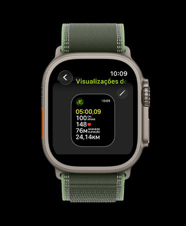 Apple Watch Ultra 3, caixa natural de titânio, Visualizações do Exercício, pulseira loop Trail azul/azul-brilhante