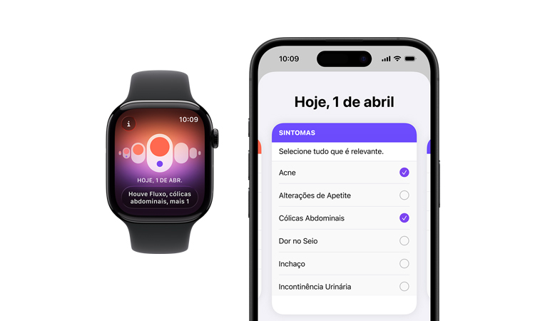 Apple Watch Series 11 com caixa dourada de titânio, app Acompanhamento de Ciclo e o seletor de registro de sintomas diários na tela do iPhone emparelhado.