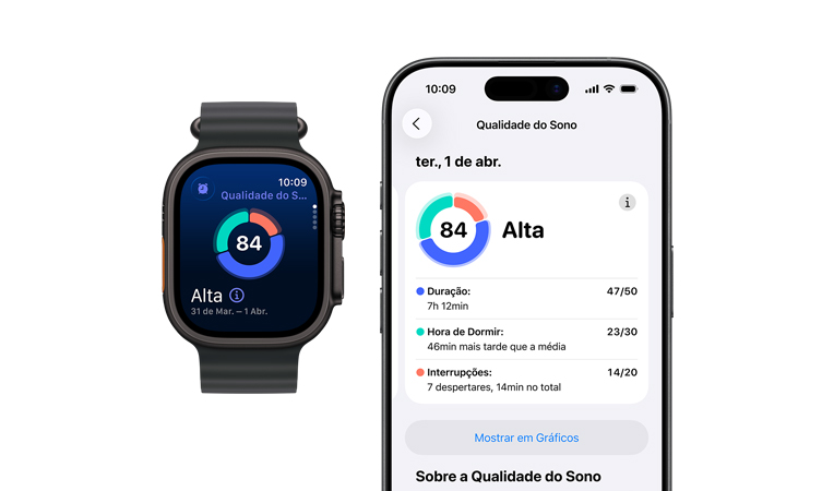 Apple Watch Series 11 com caixa cor de ouro rosa de alumínio, gráfico circular e pontuação de qualidade do sono, Digital Crown na lateral direita, pulseira esportiva blush-clara e análise completa do sono aberta no iPhone emparelhado