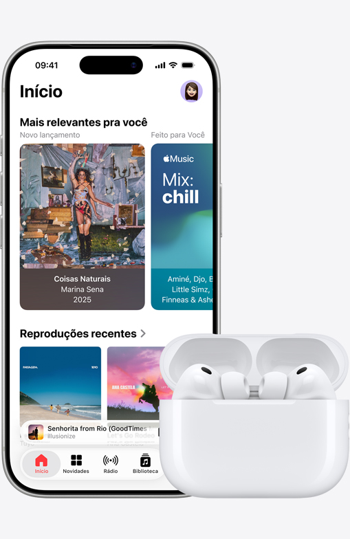 iPhone 16 tocando música ao lado dos AirPods