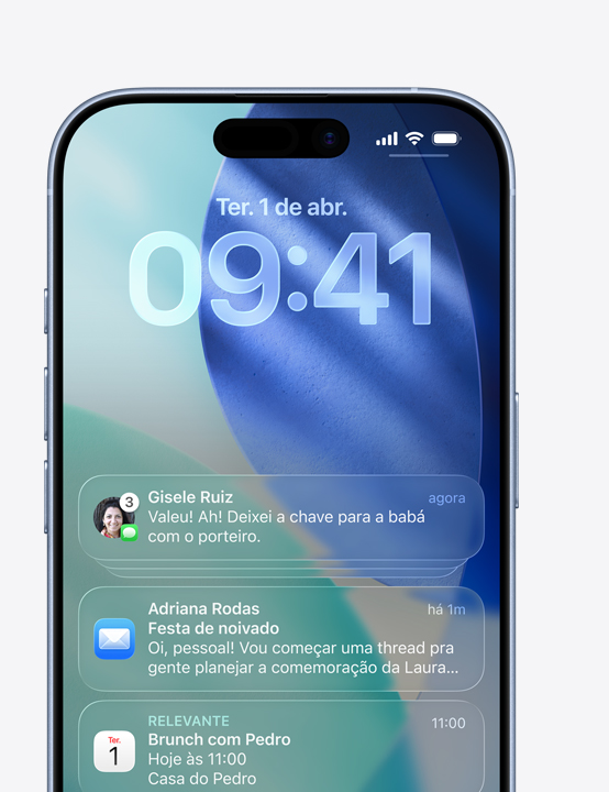 Tela do iPhone mostrando as janelas pop-up do Mensagens, do Mail e do Calendário