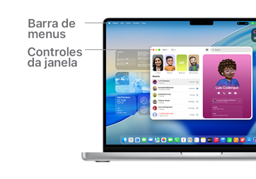 Uma visão geral da navegação do macOS, como a barra de menus na parte superior da tela do MacBook e o Dock.