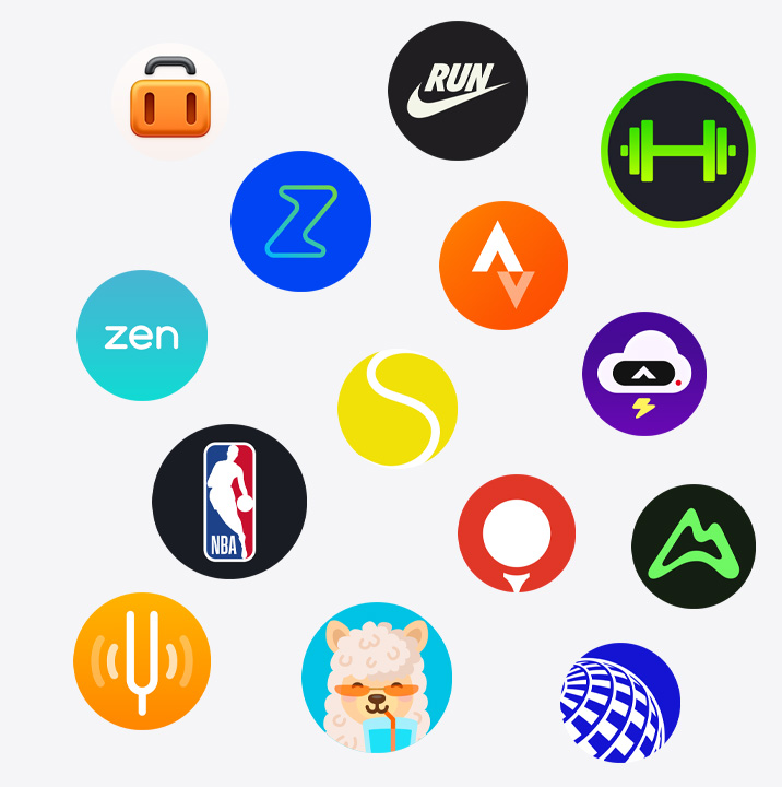 Ícones de apps para Apple Watch: ChargePoint, Yelp, Nike Run Club, SmartGym, Calm, NBA, SwingVision, Oceanic+, WeChat, Waterllama, Golfshot, JetBlue e AllTrails