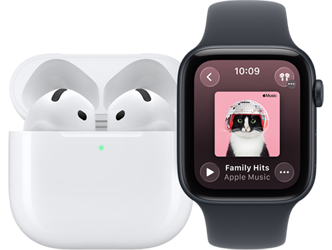 AirPods Pro 3, white, earbuds, silicone tips, microphone, in MagSafe Charging Case, open, rounded corners, green charge indicator light, Apple Watch SE 3, aluminum case, midnight colour, Apple Music app, now playing screen, midnight Sport Band