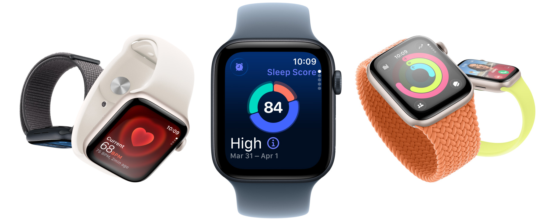 Apple Watch SE 3 devices, aluminum cases, starlight and midnight colours, screens: Vitals app, Heart Rate app, Sleep Score, Activity rings, incoming call