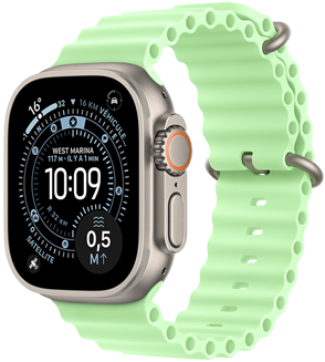 Apple Watch Ultra 3, naturel, boîtier en titane, cadran Orientation, complications : indice UV, activité, satellite, boussole, côté droit extérieur, Digital Crown, microphone, bouton latéral, bracelet Océan, vert fluo