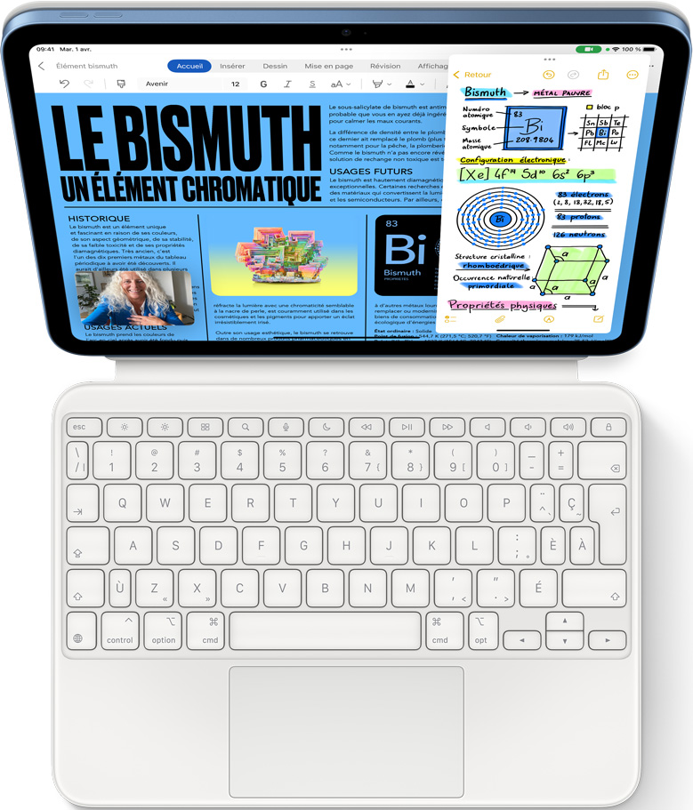 iPad fixé au Magic Keyboard Folio, écran affichant Microsoft Word et Notes en Slide Over, avec appel FaceTime en cours.