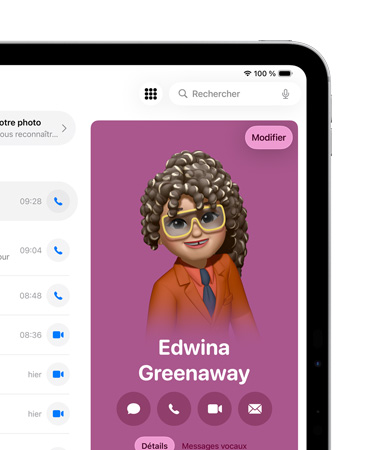 iPad, vu de face, portion droite de l’écran montrant une fiche de contact ouverte dans l’app Téléphone avec différentes options comme texter et appeler