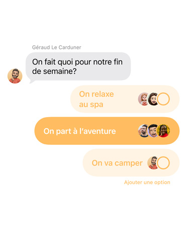 Vue rapprochée de la fonctionnalité Sondages dans Messages, les gens de la conversation de groupe votent pour décider où aller durant la fin de semaine