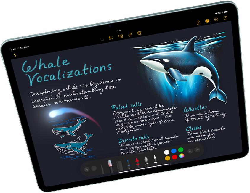 Landscape view of iPad Air showcasing Apple Intelligence with Image Playground, Keynote and Apple Pencil Pro