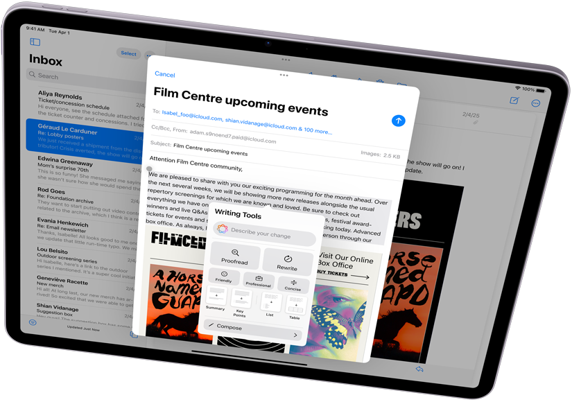 Landscape view of iPad Air showcasing Apple Intelligence, with Writing Tools and Mail
