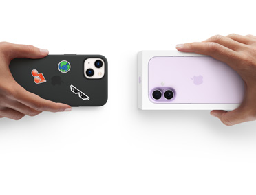Side-by-side, hand holding iPhone 13 in silicon case with stickers on back exterior, trade-in with hand holding new iPhone box for iPhone 17