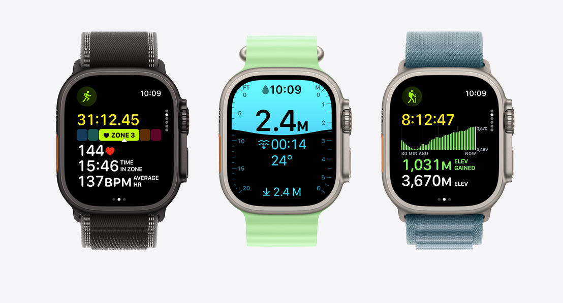 Apple Watch Ultra 3, Workout app screens: running, scuba, cycling