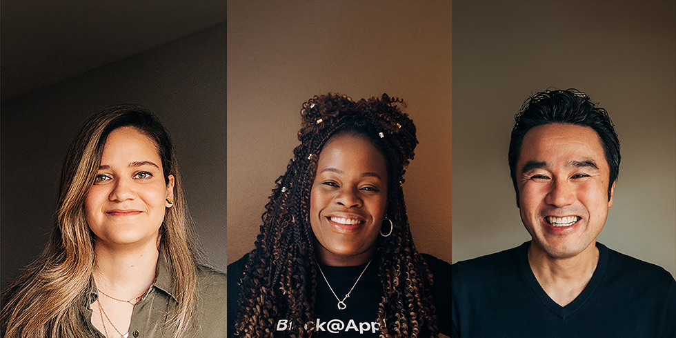 Three portraits of Apple team members.
