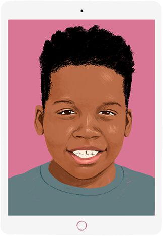 多部插畫的 iPad 裝置浮現在畫面，螢幕上有小孩的影像。