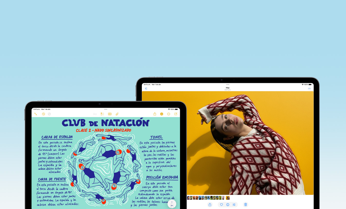 Vista frontal de un iPad Air de 11 pulgadas con la app Notas y un iPad Air de 13 pulgadas con la app Fotos que muestra la diferencia de tamaño de las pantallas