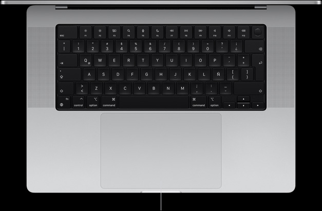 Vista desde arriba de un MacBook Pro de 16 pulgadas que muestra el trackpad Force Touch debajo del teclado
