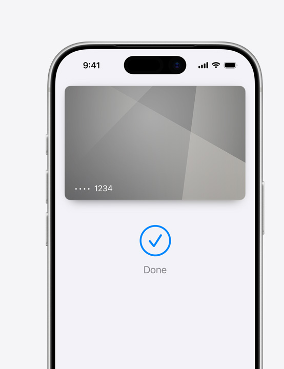Výřez obrazovky iPhonu se zobrazenou Mastercard při použití v Apple Pay