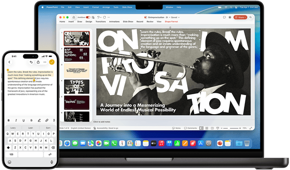 Vkládání zvýrazněného textu pomocí Univerzální schránky z iPhonu do prezentace v Microsoft PowerPointu na 14palcový MacBook Pro