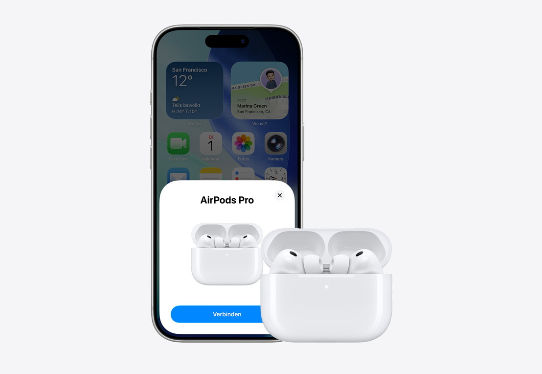 Die Vorderansicht eines iPhone mit einem Fenster für die AirPods Verbindung auf dem Display und AirPods in geöffnetem Case neben dem iPhone