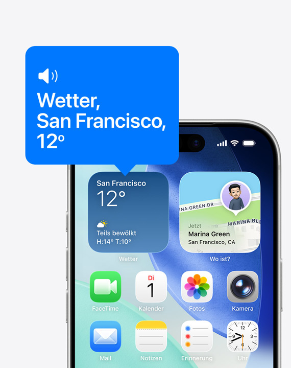 iPhone Homebildschirm, ein Symbol des Wetter Widgets wird mit VoiceOver laut vorgelesen