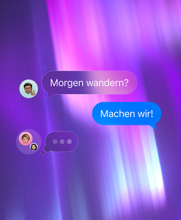 Gruppenchat in Nachrichten vor einem abstrakten Hintergrund in Rosa, Lila und Blau