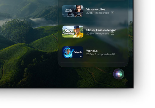 Un televisor de pantalla plana que muestra una lista de series y películas de Apple TV+