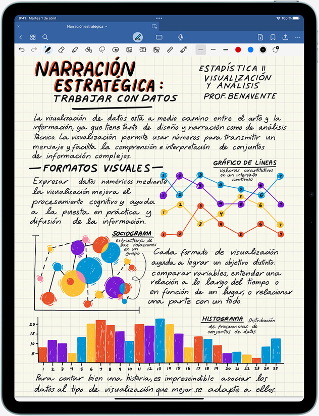 iPad Air en vertical que muestra notas e imágenes en la pantalla