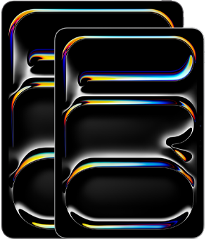 iPad Pro 13 pouces, iPad Pro 11 pouces, orientation portrait, face avant, noir sidéral, bords arrondis, cadre d’écran noir, écrans affichant le mot « PRO » à la verticale et en courbes abstraites multicolores