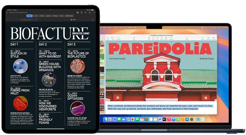 Alcuni progetti scolastici mostrati su iPad e MacBook.