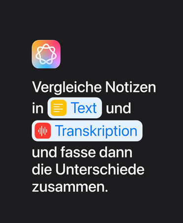 Apple Intelligence Symbol und Textaufforderung: „Vergleiche Notizen in Text und Transkription und fasse die Unterschiede zusammen“