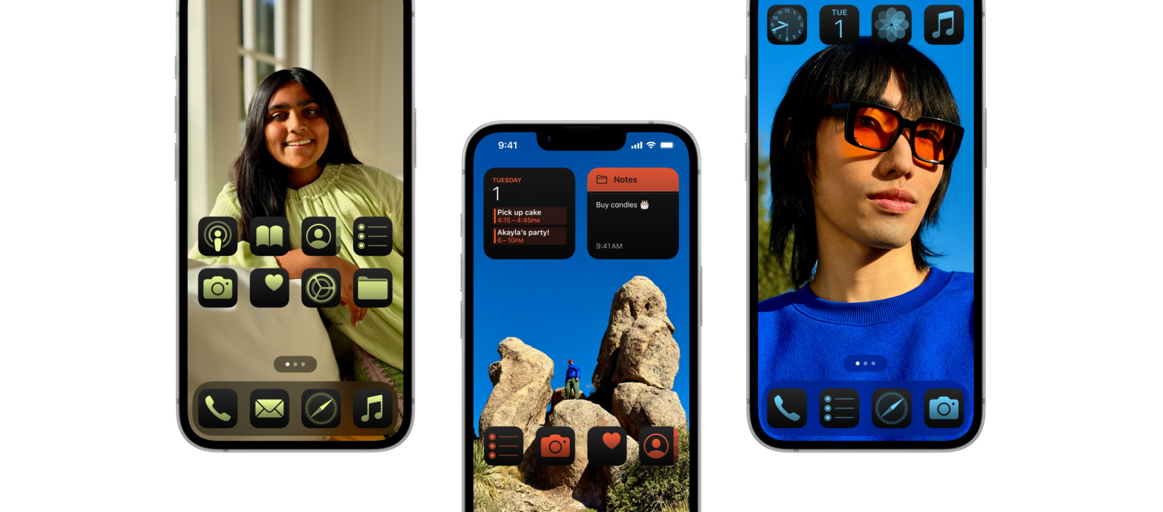 Three partial views of iPhone 16e, each with a different customized Home Screen.