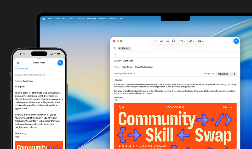 iPhone 16 Plus och MacBook Pro, Mail-appen är öppen, samma mejlutkast visas på båda skärmarna