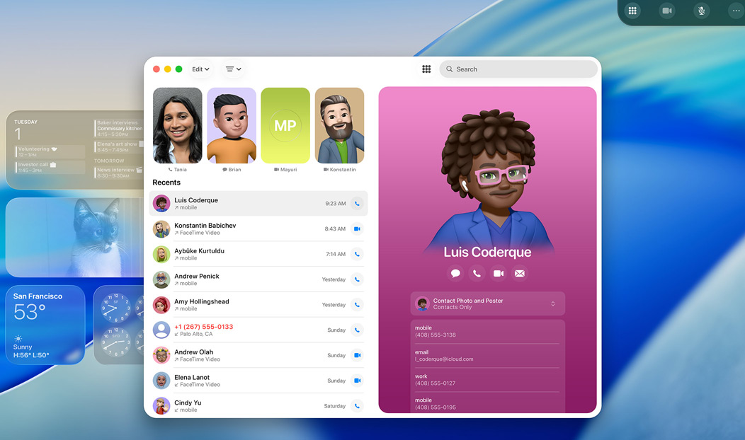 MacBook Pro, appen Telefon är öppen, en kontakt från ett av de senaste samtalen visas