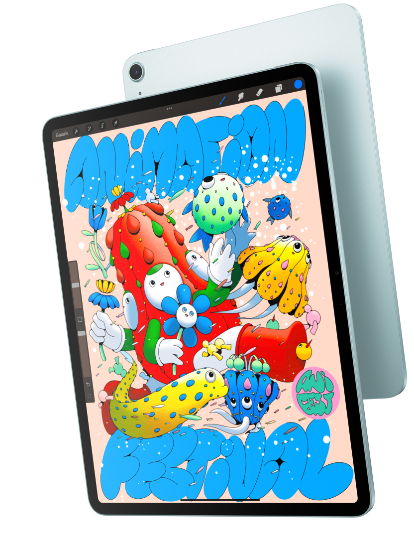 Vue avant d’un iPad Air 13 pouces affichant Procreate, superposé au dos d’un iPad Air bleu
