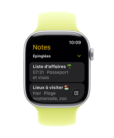 Apple Watch Series 11, cadran affichant l’app Notes, avec deux notes épinglées