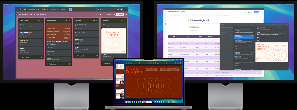 MacBook Pro με δύο Studio Displays — στην οθόνη, ένας χρήστης προετοιμάζεται για μια διάσκεψη κορυφής, παρακολουθώντας τις εργασίες του στο app Trello, προετοιμάζοντας μια παρουσίαση και ελέγχοντας τα αρχεία σχεδιασμού μέσω email