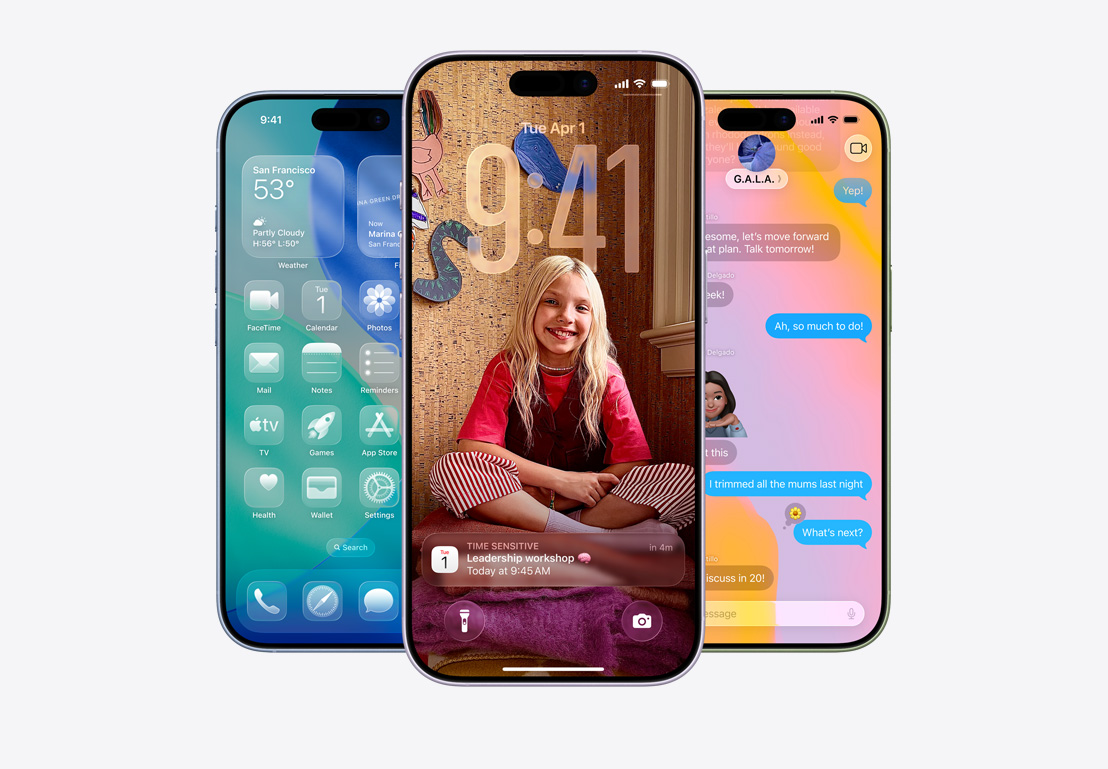 iPhone screen showing call screening pop-up, iPhone screen showing Calendar pop-up on personalized background with photo of a child, iPhone screen showing Messages with Liquid Glass design