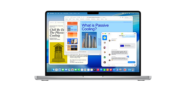 Demonstration of apps like Microsoft PowerPoint, Messages, and Pages on MacBook Pro 14“.