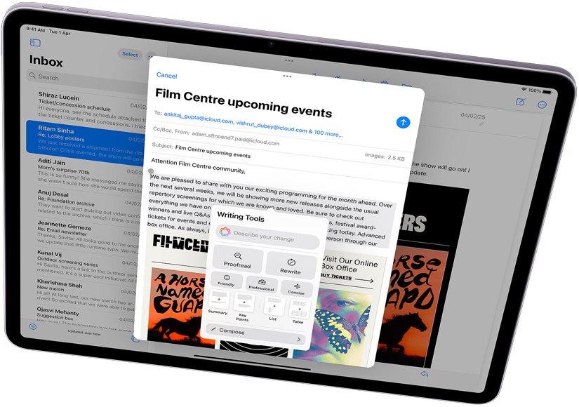 Landscape view of iPad Air showcasing Apple Intelligence, with Writing Tools and Mail