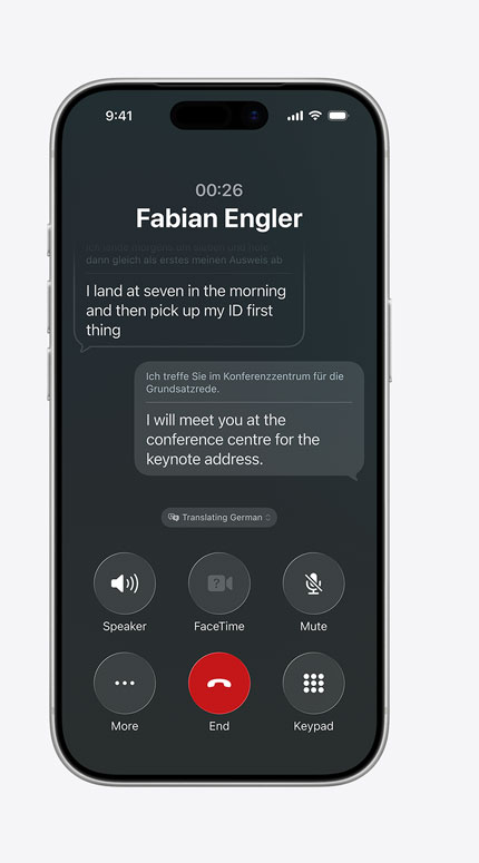iPhone screen showing Live Translation translating a message from German to English
