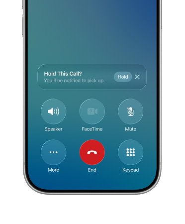 iPhone, bottom half of screen shows an active call with new Hold Assist option and a Hold button notification