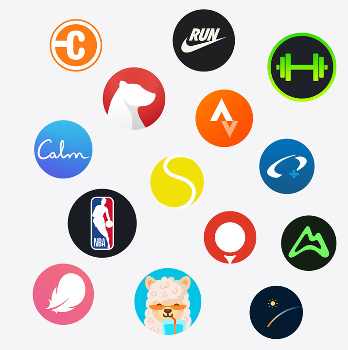 Apple Watch app icons: ChargePoint, Yelp, Nike Run Club, SmartGym, Calm, NBA, SwingVision, Oceanic+, WeChat, Waterllama, Golfshot, JetBlue, AllTrails