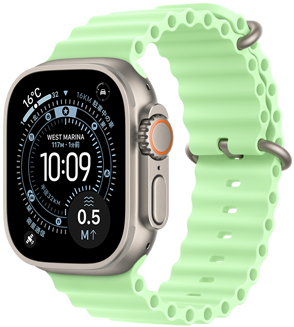 Apple Watch Ultra 3、ナチュラルカラー、チタニウムケース、オリエンテーリングの文字盤、コンプリケーション：UV指数、アクティビティ、衛星通信、コンパス、右側面の外観、Digital Crown、マイク、サイドボタン、ネオングリーンのオーシャンバンド