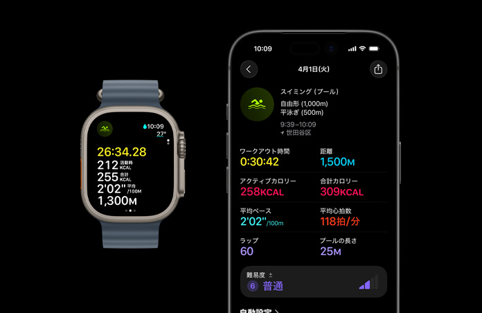 Apple Watch Ultra 3、カラーはナチュラル、チタニウムケース、オーシャンバンド、カラーはアンカーブルー、作動中のスイミングワークアウト、iPhone上にワークアウトの測定値の内訳が大きく表示されている