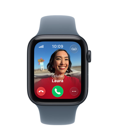 Apple Watch Series SE 3, caja de aluminio, color medianoche, llamada entrante, foto de contacto, botones para aceptar o rechazar la llamada, parte lateral derecha, Digital Crown, correa deportiva, morado niebla