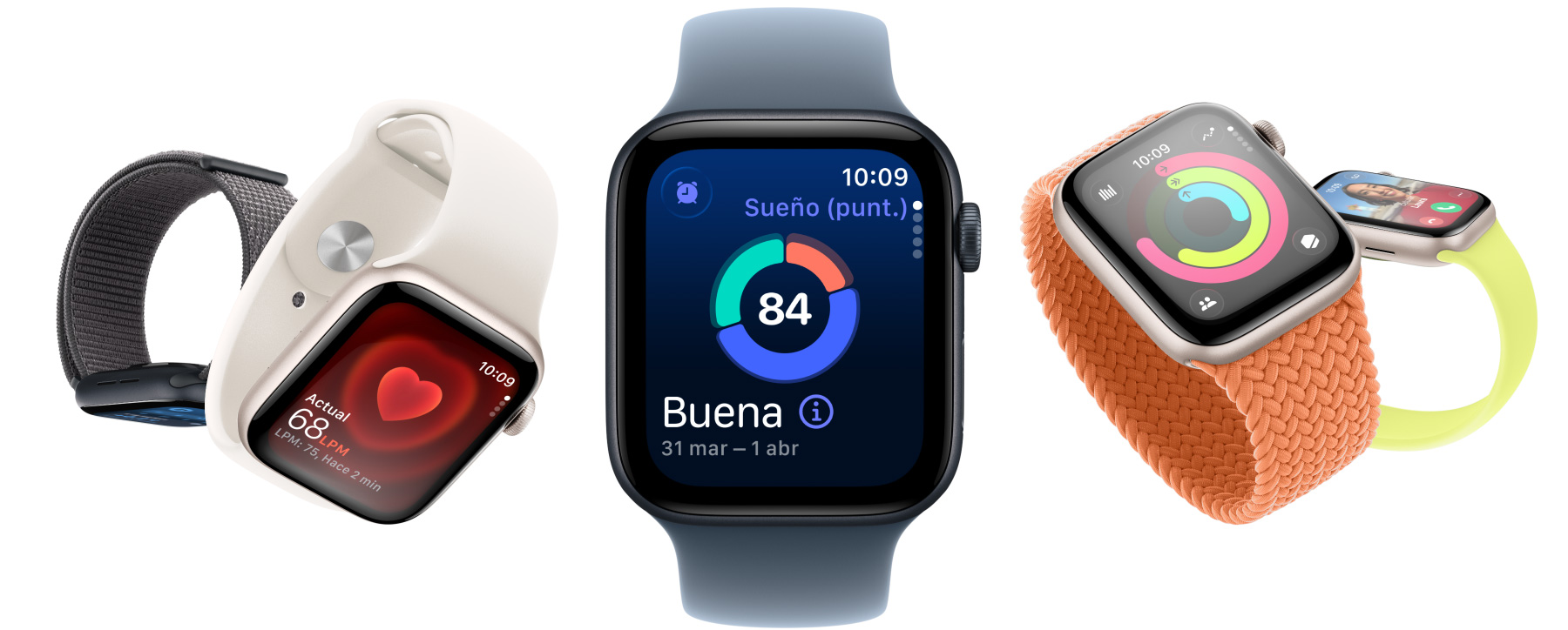 Dispositivos Apple Watch SE 3, cajas de aluminio, color medianoche y blanco estelar, pantallas: app Signos Vitales, app Frecuencia Cardiaca, Puntuación de Sueño, círculos de Actividad, llamada entrante