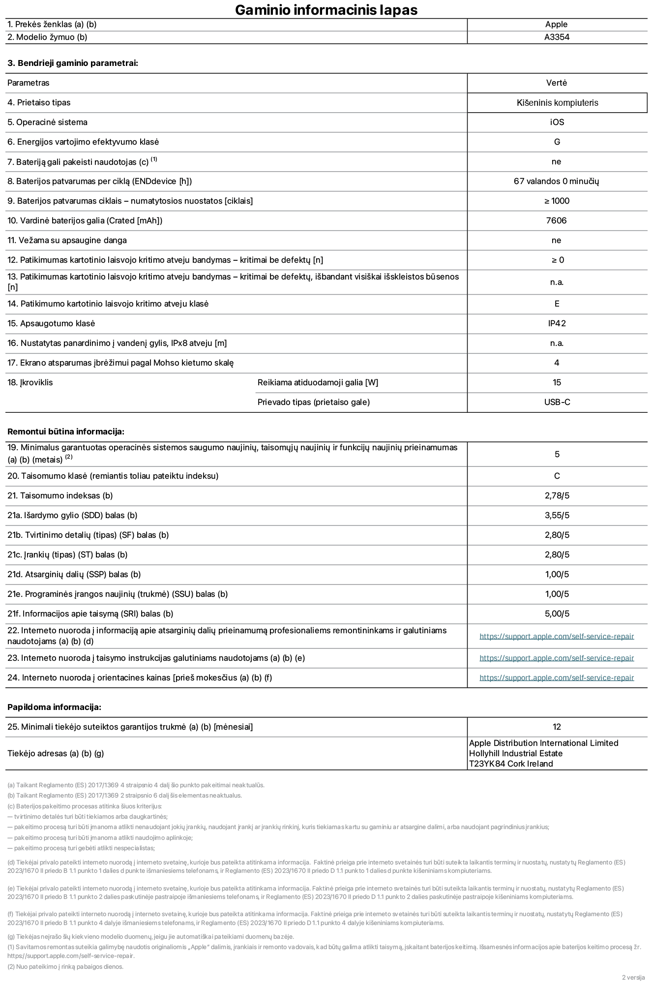Gaminio informacinis lapas, „iPad Wi-Fi“, modelis A3354. Pateikė „Apple Distribution International Ltd“, „Hollyhill Industrial Estate“. Korkas, Airija T23 YK84. Prietaiso tipas: planšetinis kompiuteris. Operacinė sistema: „iOS“. Energijos vartojimo efektyvumo klasė: G. Bateriją gali pakeisti naudotojas: ne. Baterijos patvarumas: 67 valandos. Baterijos patvarumas ciklais: ≥ 1 000. Vardinė baterijos galia: 7 606 mAh. Patikimumo testas kartotinio laisvojo kritimo atveju – kritimai be defektų: ≥ 0. Patikimumo kartotinio laisvojo kritimo atveju klasė: E. Apsaugotumo klasė: IP42. Ekrano atsparumas įbrėžimui pagal Mohso kietumo skalę: 4. Įkroviklio reikiama atiduodamoji galia: 15 W. Įkroviklio prievado tipas: USB-C. Minimalus garantuotas operacinės sistemos saugumo naujinių, taisomųjų naujinių ir funkcijų naujinių prieinamumas: 5 metai. Taisomumo klasė: C. Taisomumo indeksas: 2,78/5. Išardymo gylio balas: 3,55/5. Tvirtinimo detalių balas: 2,80/5. Įrankių balas: 2,80/5. Atsarginių dalių balas: 1,00/5. Programinės įrangos naujinių balas: 1,00/5. Informacijos apie taisymą balas: 5,00/5. Interneto nuoroda į informaciją apie atsarginių dalių prieinamumą profesionaliems remontininkams ir galutiniams naudotojams: https://support.apple.com/self-service-repair. Interneto nuoroda į taisymo instrukcijas galutiniams naudotojams: https://support.apple.com/self-service-repair. Nuoroda į orientacines kainas prieš mokesčius: https://support.apple.com/self-service-repair. Siūloma 12 mėnesių bendroji garantija.
